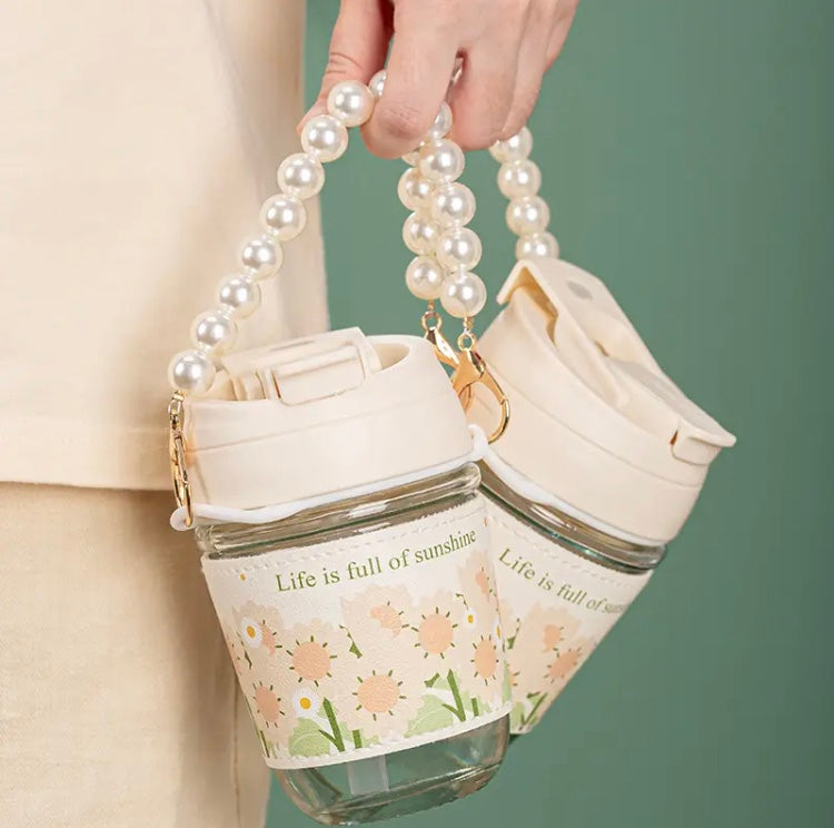 Thermal Mini Coffee And Water Bottle, Portable Glass Straw Cup, Dual Drinking Pearl Bracelet Cup Thermal Mini Coffee And Water Bottle, Portable Glass Straw Cup, Dual Drinking Pearl Bracelet Cup